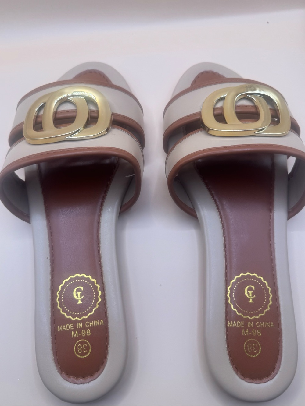 Gold-Accent Cream & Brown Slide Mules